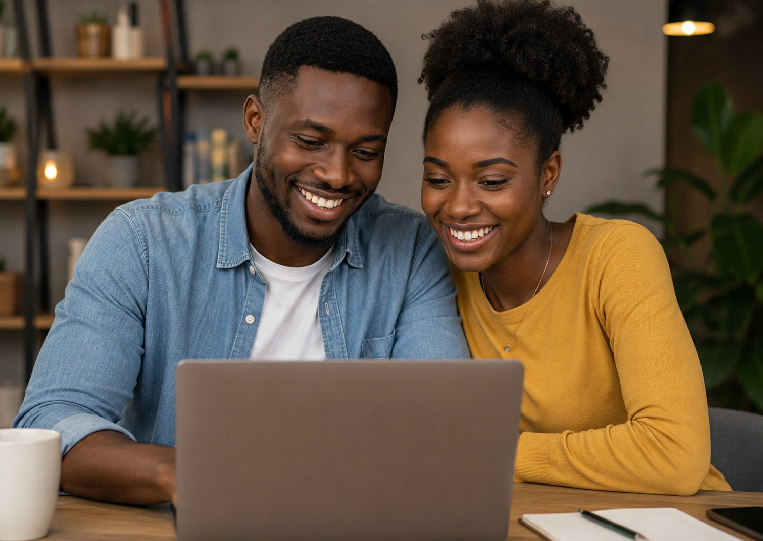 Couple heureux lors d'une consultation en ligne sur YaaWay
